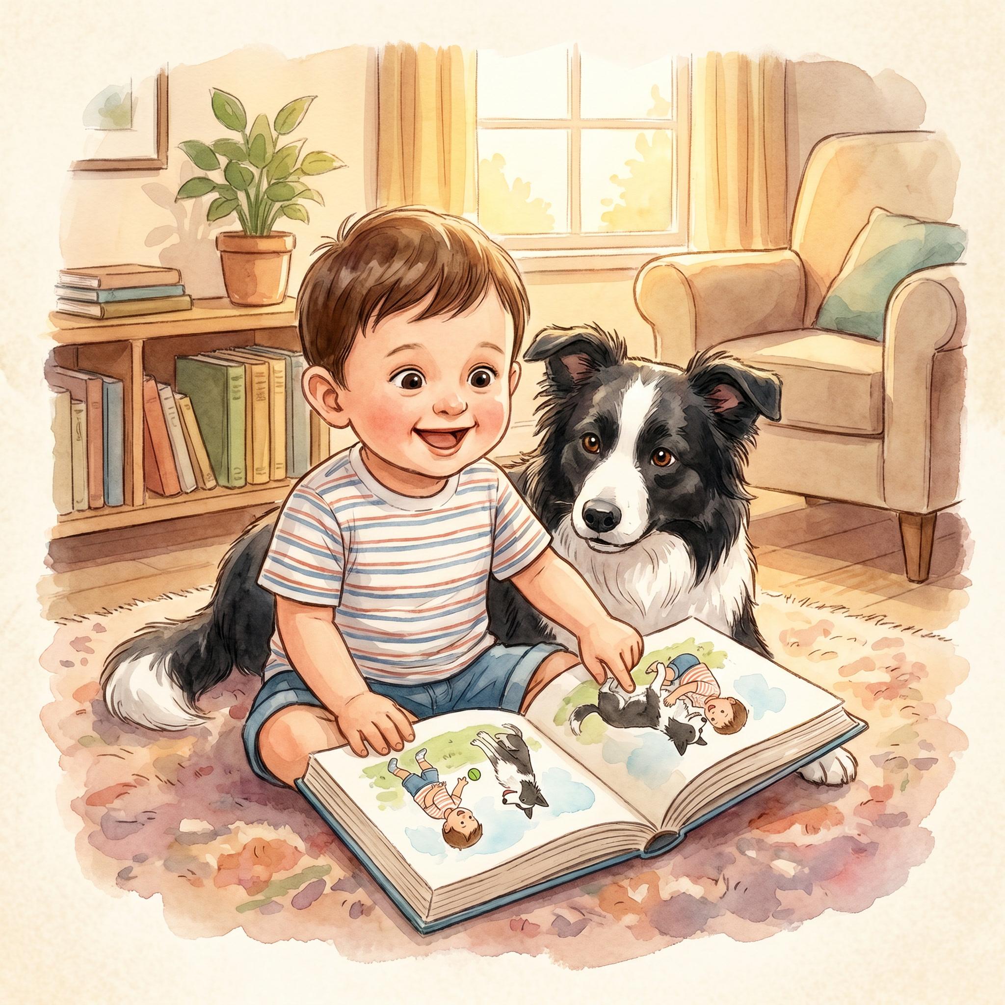 A child reading a Furever Tales book with Ollie beside them