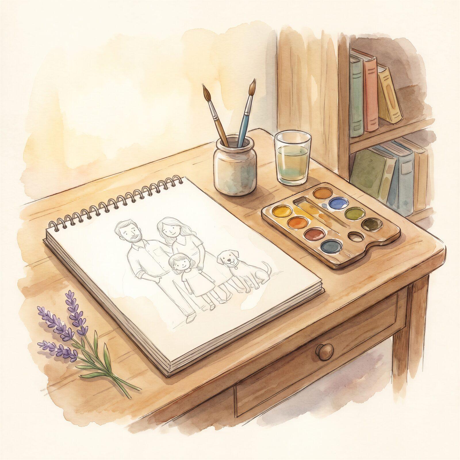 A studio desk where a family and their dog are being sketched into a new book