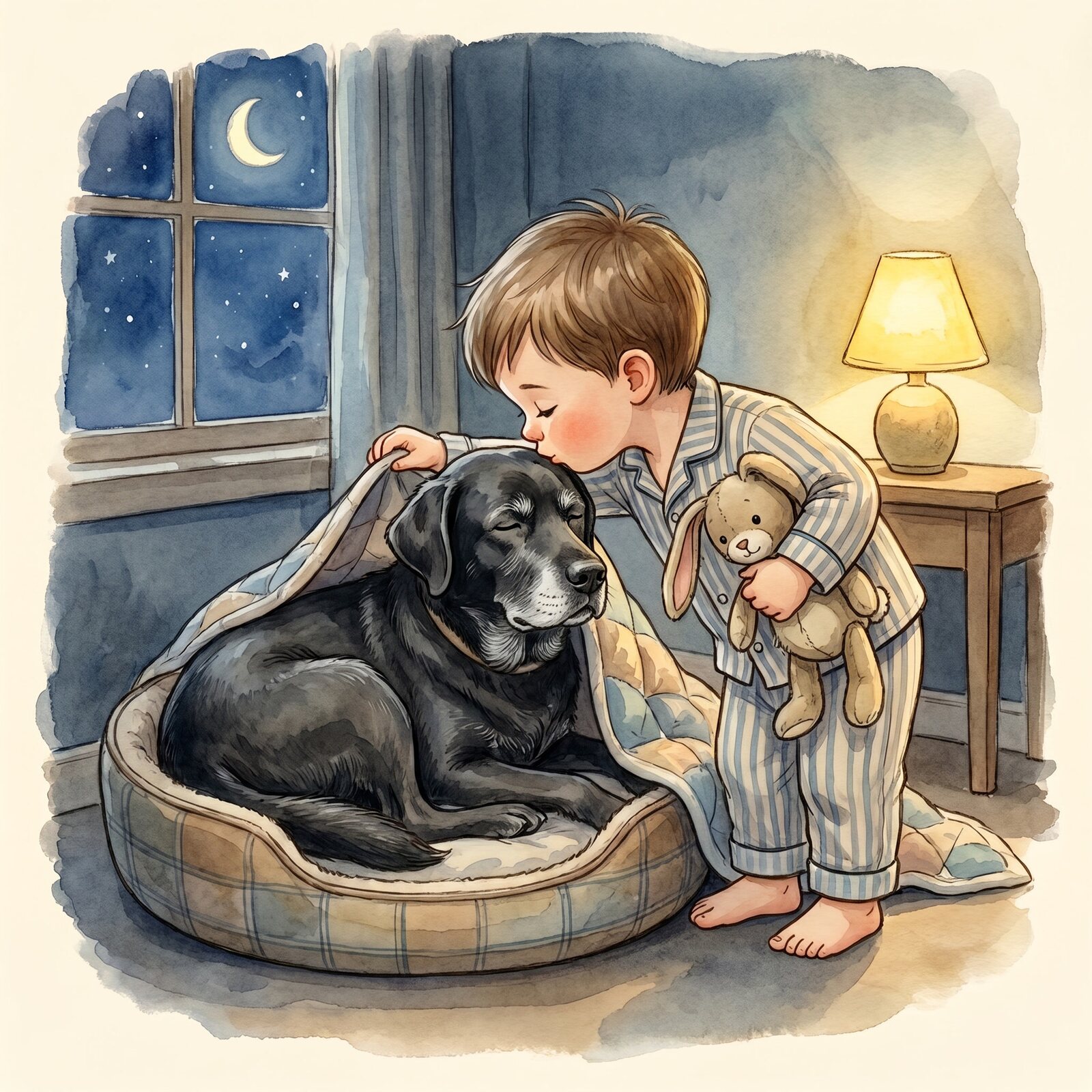 A child saying goodnight to their dog