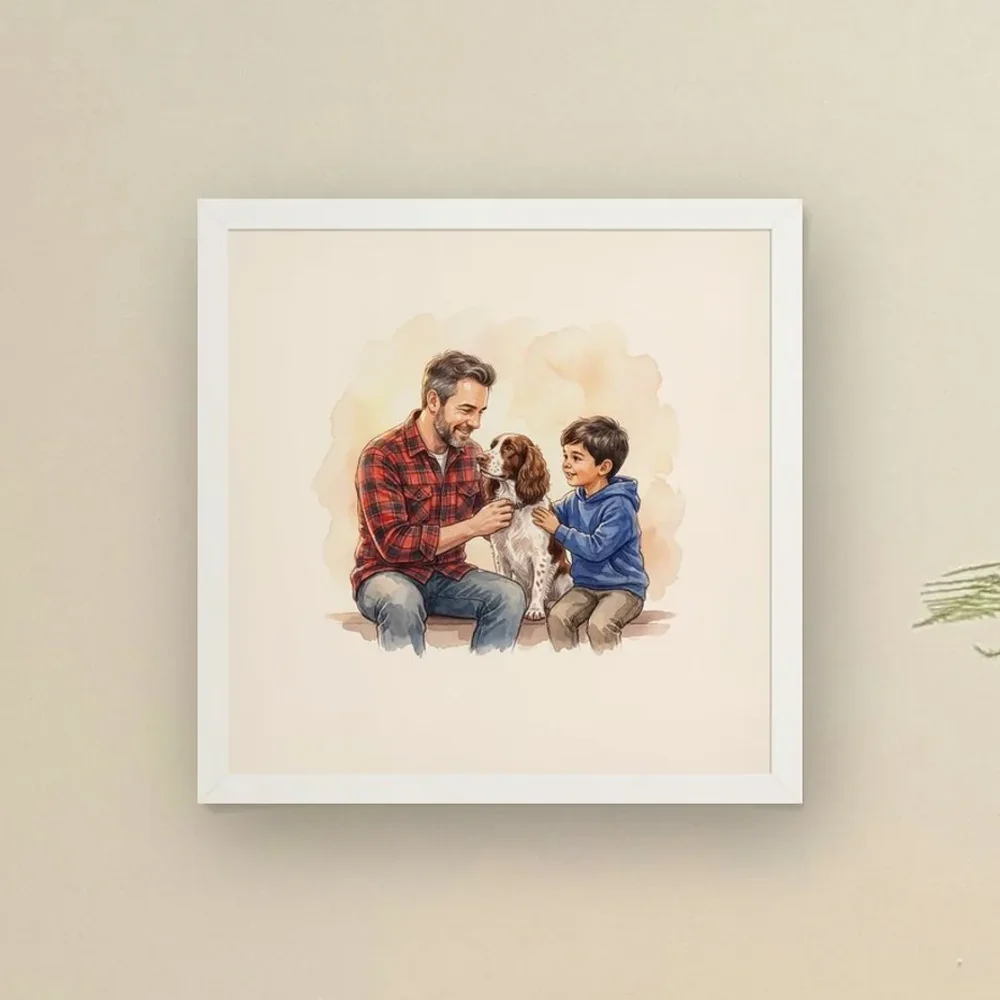 A family portrait of a father, his son and their spaniel, framed on a warm wall