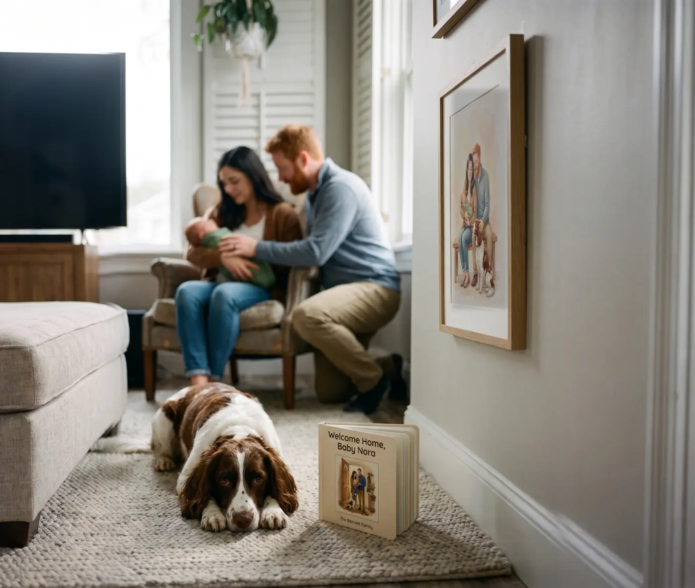 A springer spaniel resting chin on paws on the rug beside the board book Welcome Home, Baby Nora, while behind him a mother in an armchair holds their newborn and the father kneels beside them, the family's framed watercolor portrait on the wall