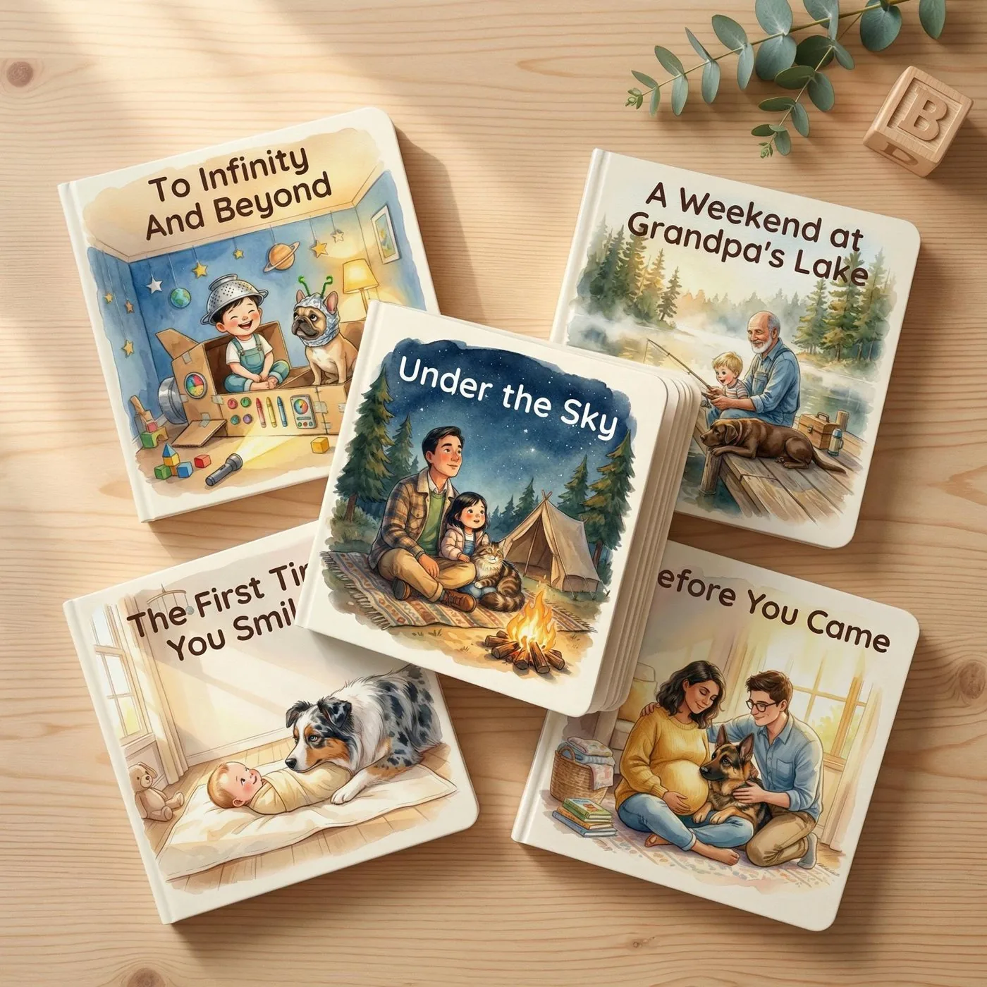 Five one-of-a-kind board books on a wooden table