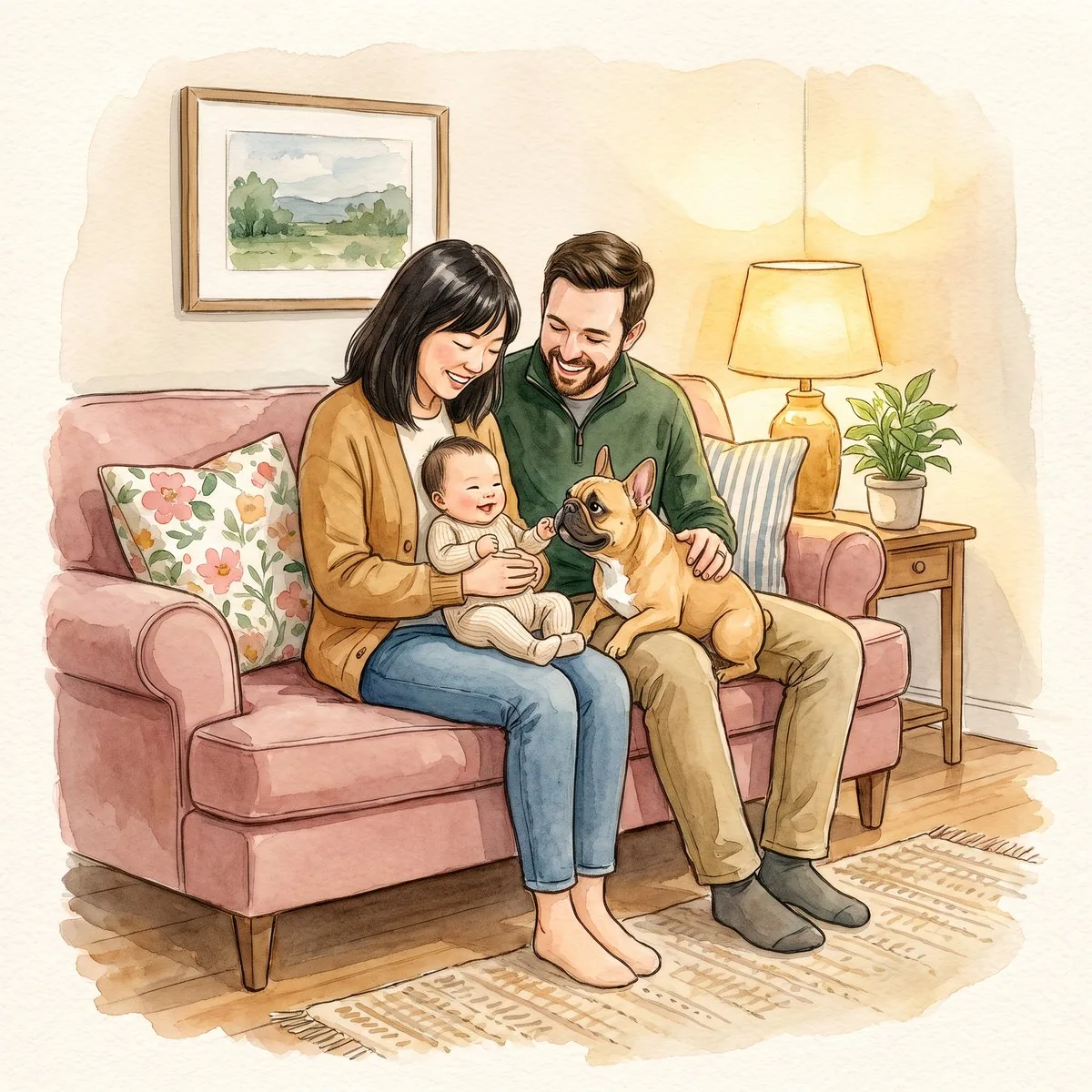 The finished page: Mom holding the baby on the sofa, Dad beside her, and Frankie the French bulldog leaning in to see.