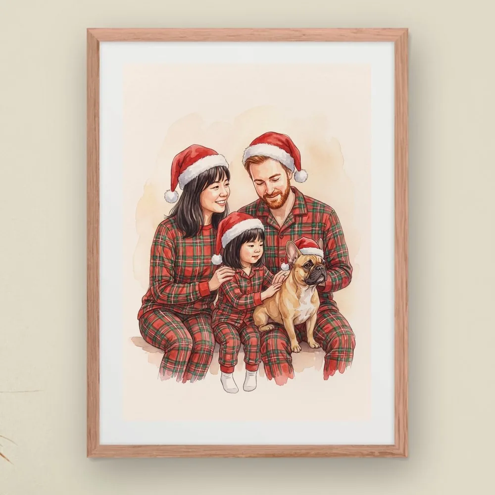 A mother, a father and their daughter in plaid Christmas pajamas and Santa hats with their dog, in a red oak frame with a mat