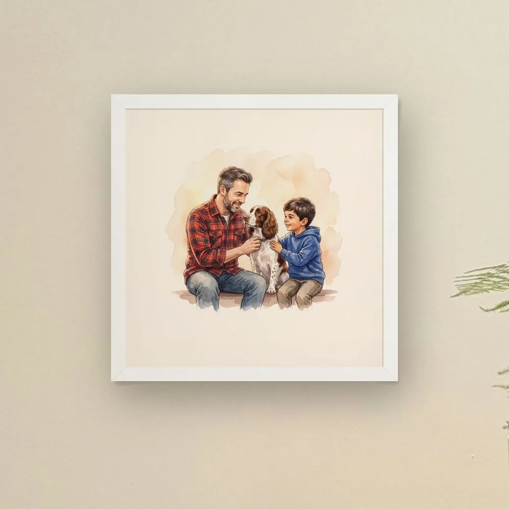 A father and his son with their spaniel, in a square white frame on a warm wall