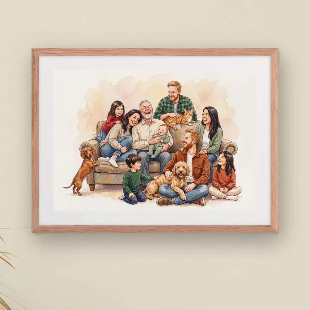 Three generations on a sofa with two dogs and a cat, in a wide red oak frame with a mat