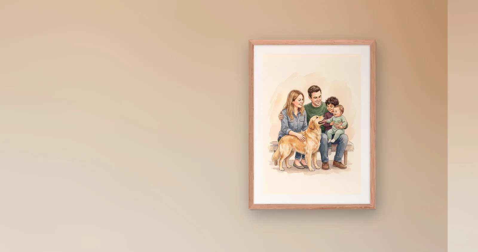 A sample portrait of a mother, a father, their two children and their golden retriever, in a red oak frame with a mat on a warm wall