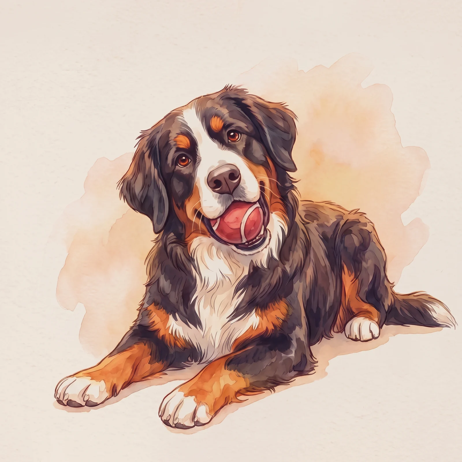 A close look at a pet portrait: a Bernese mountain dog with his red ball