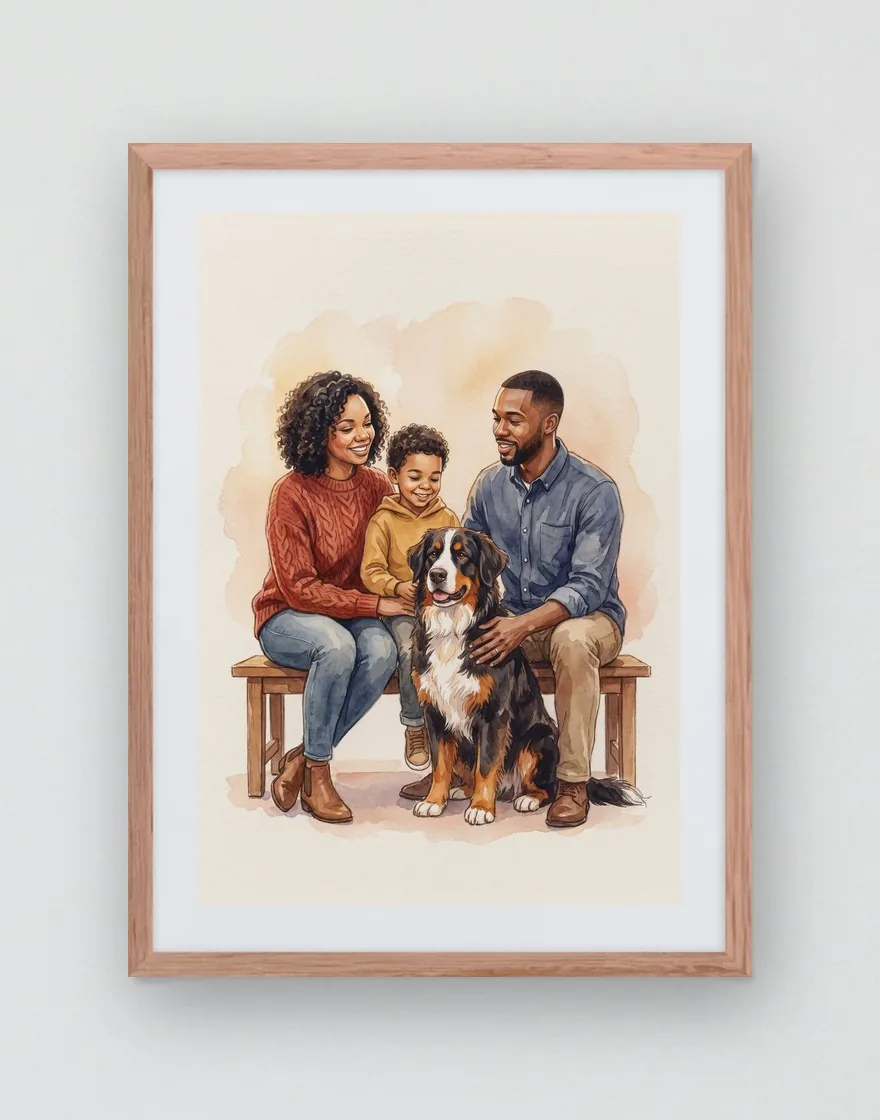 A mother, a father and their little boy around their Bernese mountain dog, in a red oak frame with a mat