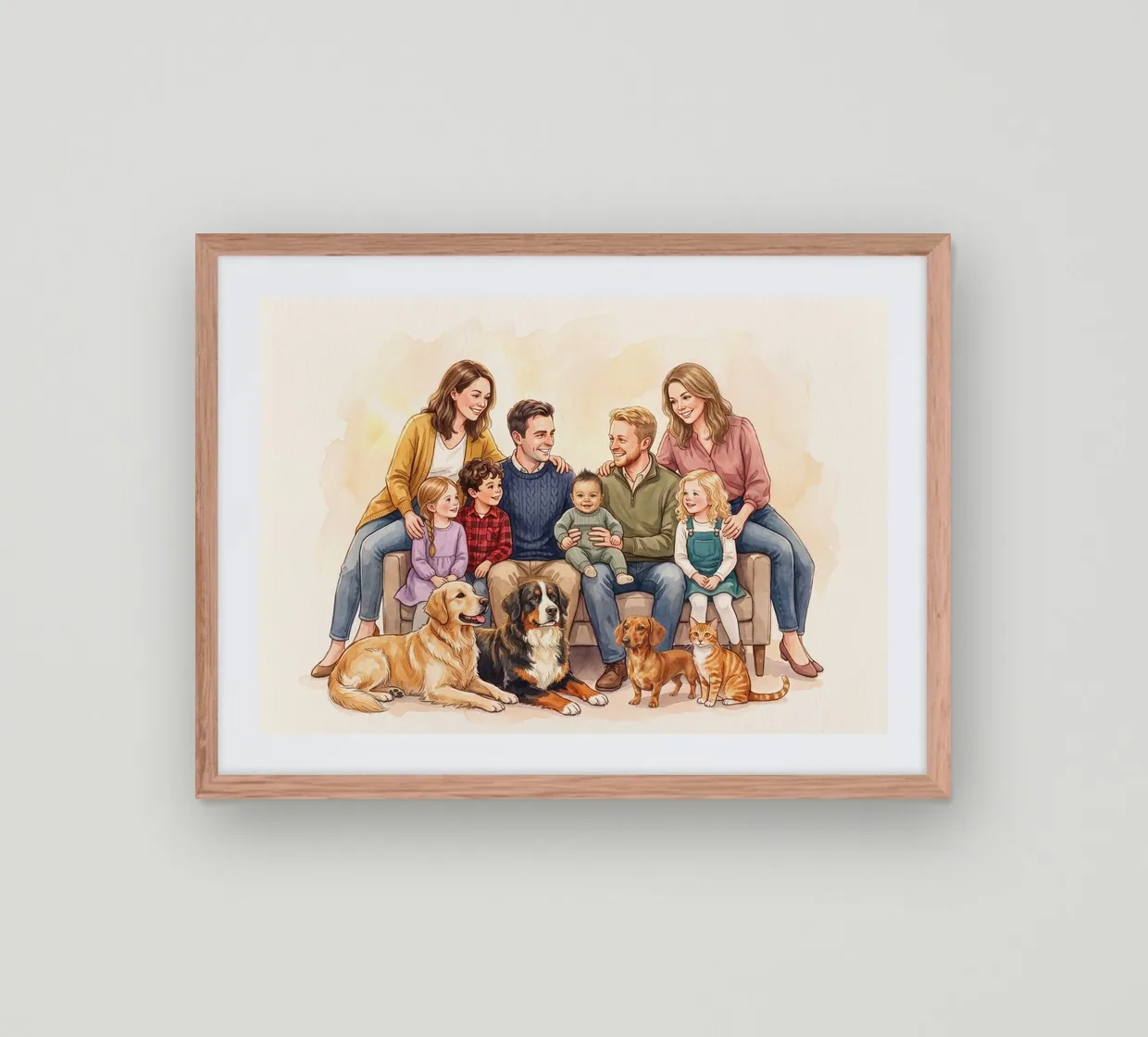 A family of eight with two dogs, a dachshund and a cat on a sofa, in a wide red oak frame with a mat