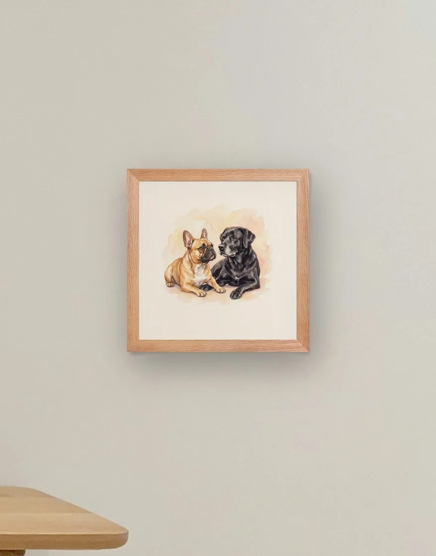 A French bulldog and a black Labrador lying side by side, in a small square red oak frame