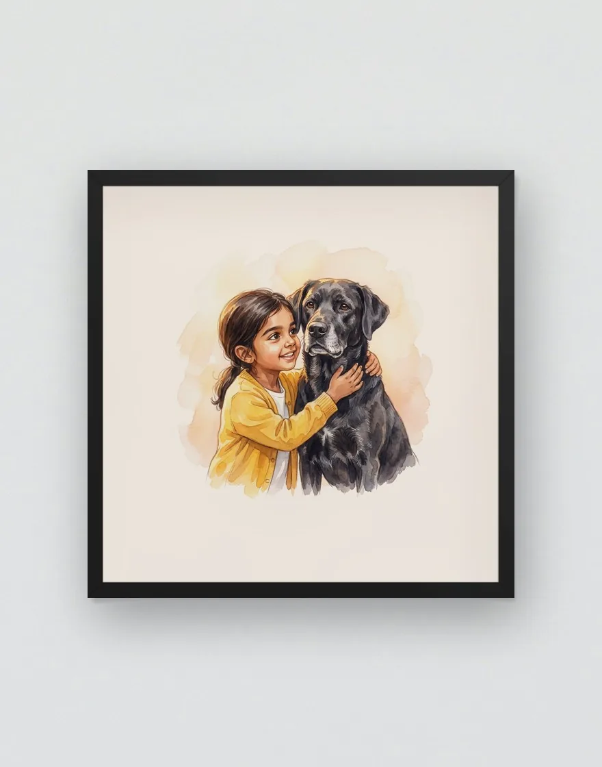 A girl hugging her black Labrador, in a large square black frame