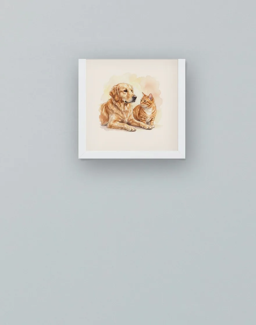 A golden retriever and a ginger cat, in a small square white frame