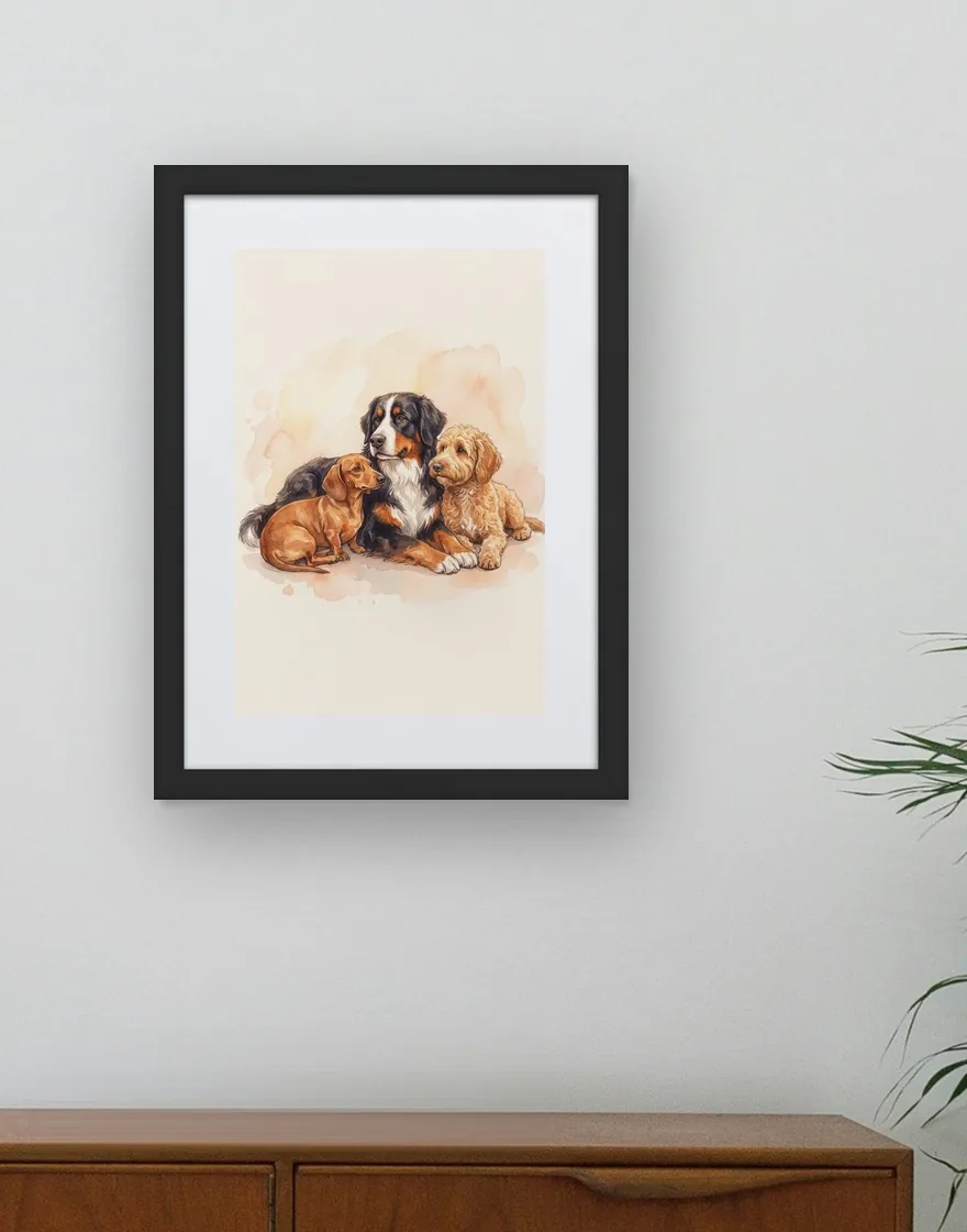 A Bernese mountain dog, a dachshund and a doodle together, in a black frame with a mat above a sideboard