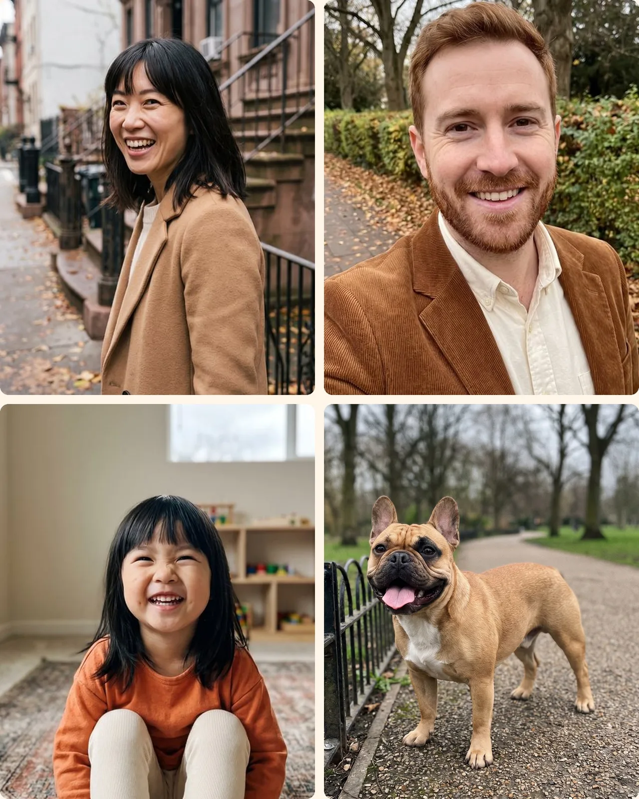 Four everyday photos: a mother, a father, their daughter and their French bulldog, each taken on its own