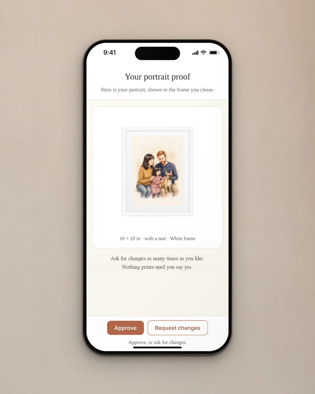 The portrait proof on a phone, shown in a white frame with Approve and Request changes buttons