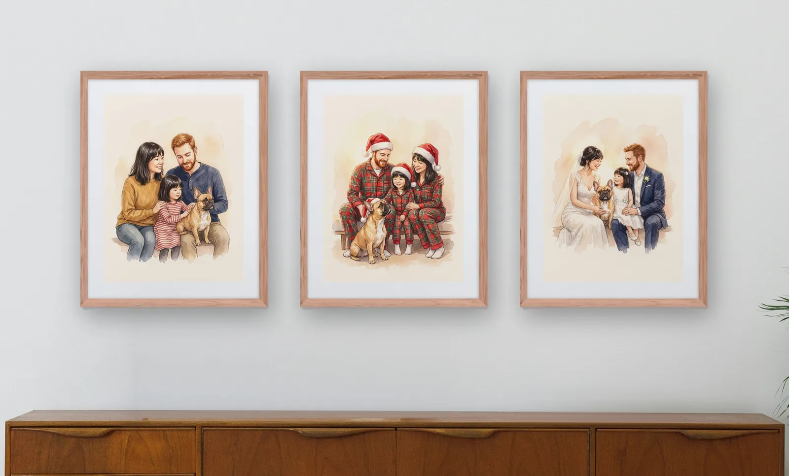 The same family in three portraits: in their everyday clothes, in plaid Christmas pajamas, and dressed as on their wedding day with their daughter as the flower girl