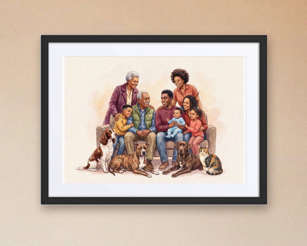 Sample portrait of a family of twelve: grandparents, parents, three children, a baby, three dogs and a cat, together on a sofa, in a black frame with a mat hung wide on a wall (synthetic family, not a customer)
