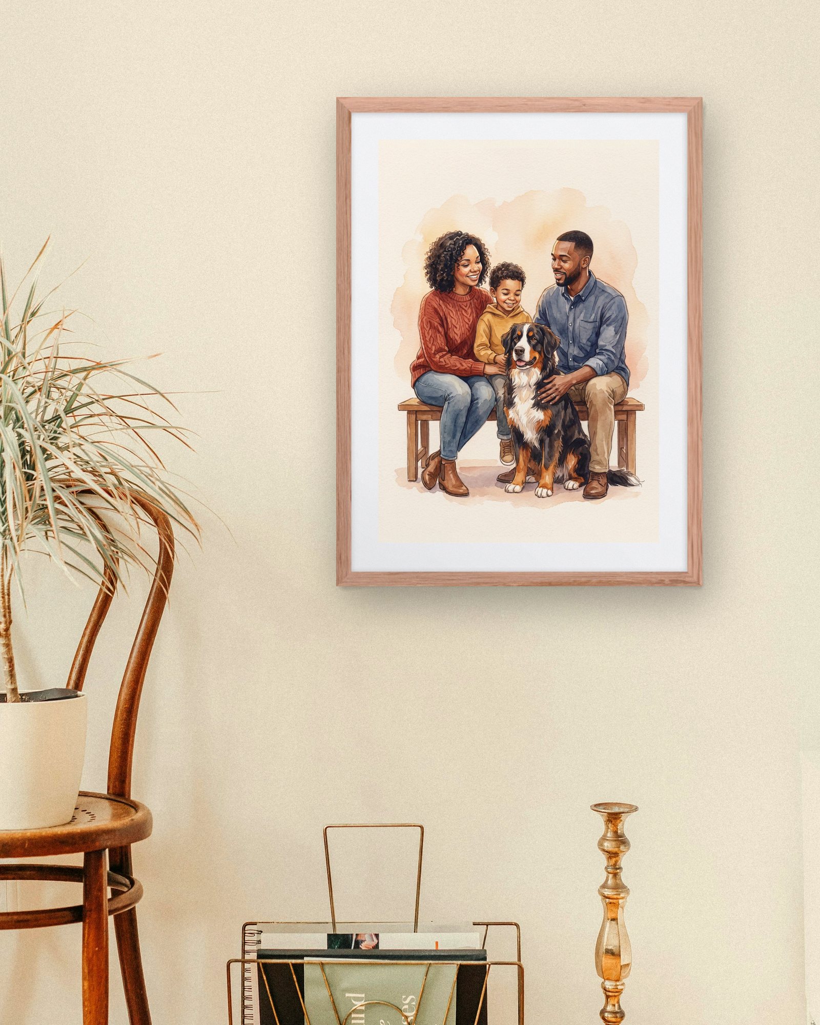 A sample portrait of a mother, a father, their little boy and their Bernese mountain dog, in a red oak frame on a living room wall beside a bentwood chair