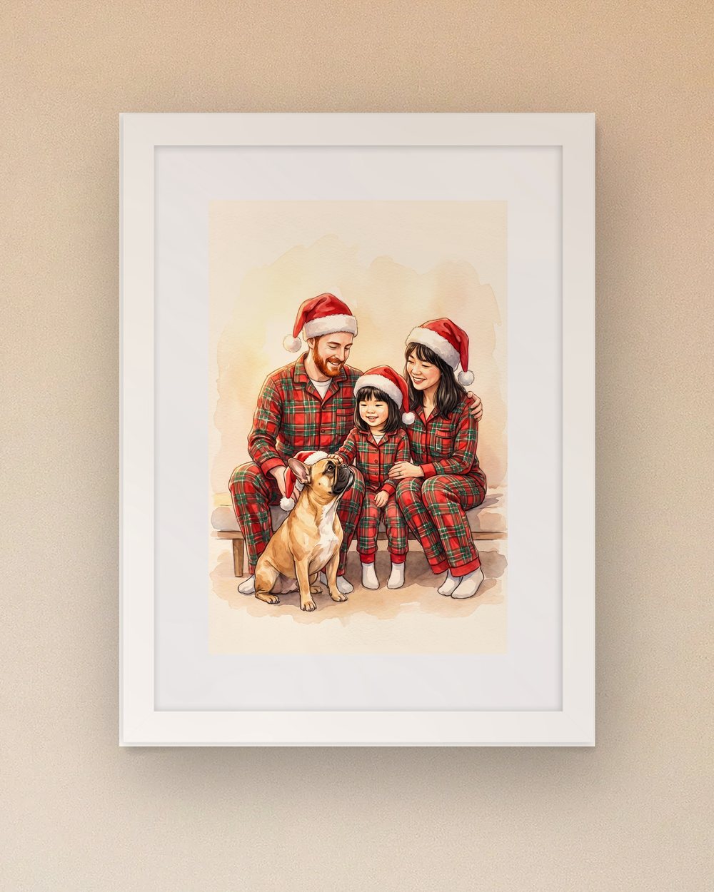 The finished portrait of that family and their French bulldog, everyone in matching red and white striped pajamas and Santa hats, the dog in a Santa hat too, in a white frame with a mat on a plaster wall