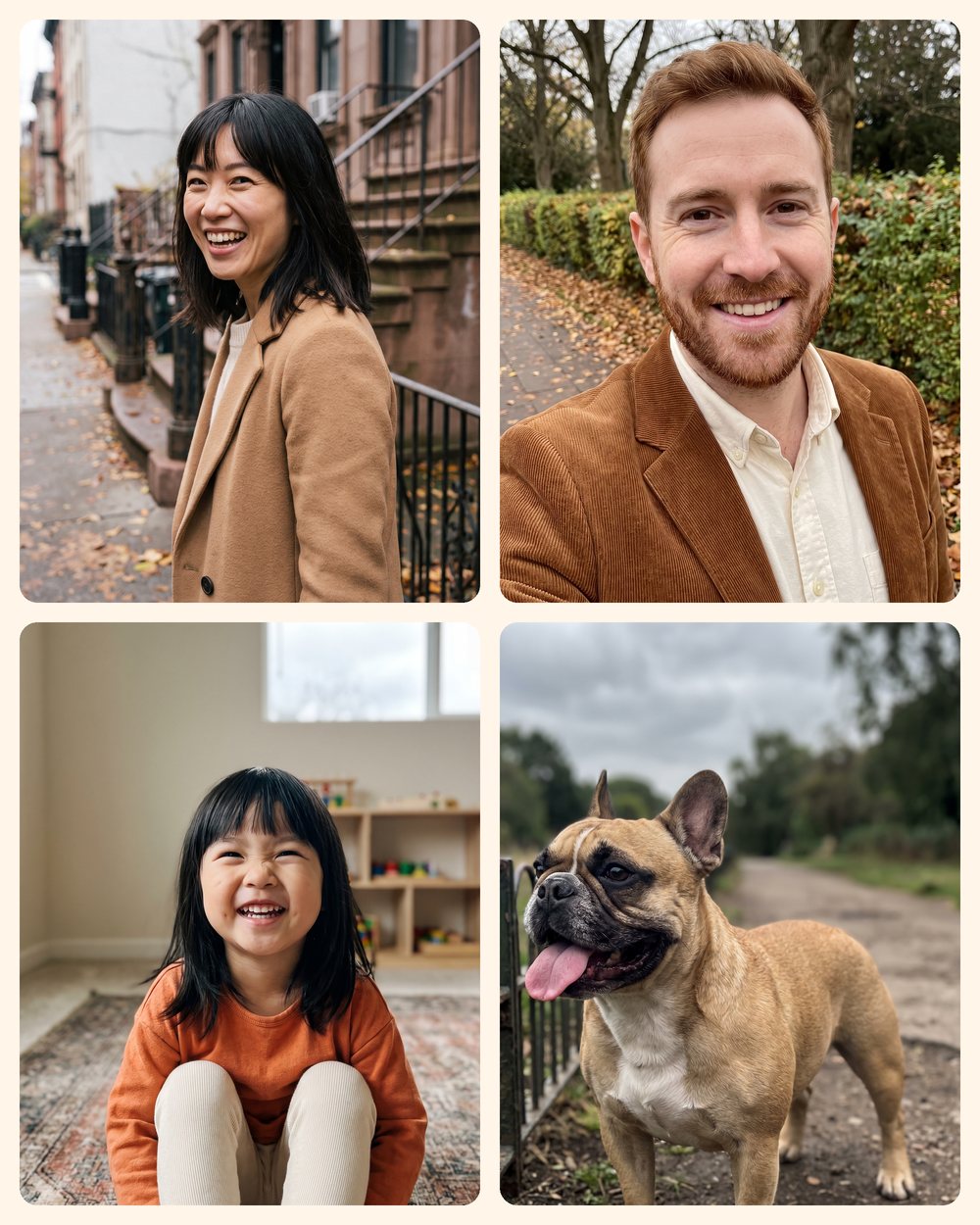 Four everyday phone photos, each taken on a different day: a mother, a father, their daughter and their French bulldog