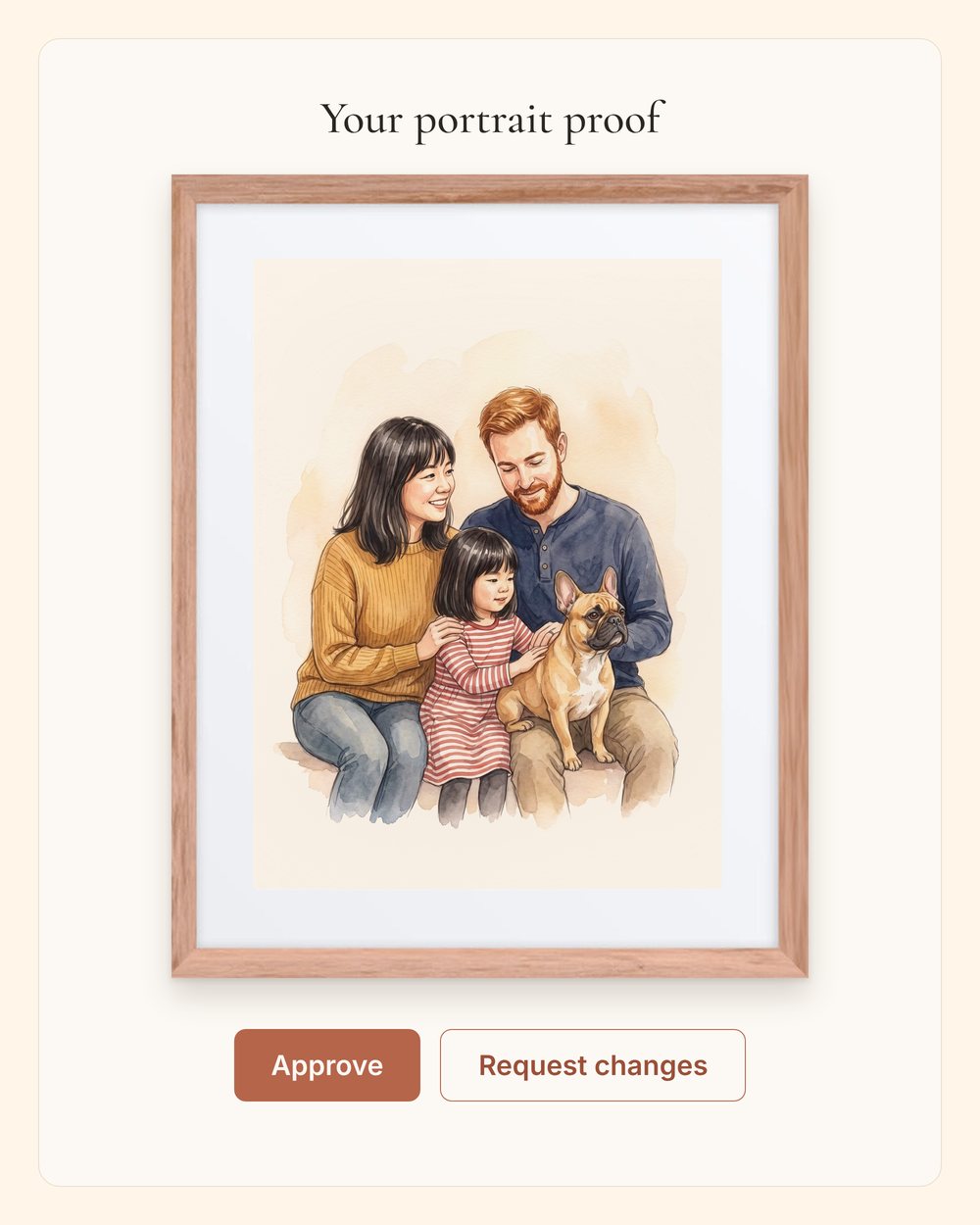 Their portrait proof, all four together, shown in a red oak frame with Approve and Request changes buttons