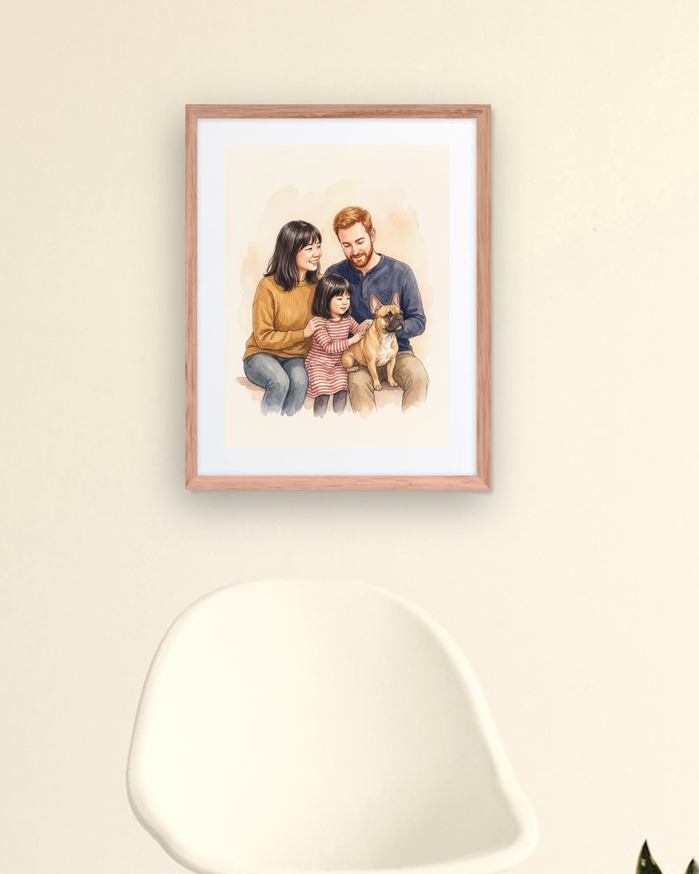 The same portrait in its red oak frame, hanging above a chair in a bright room