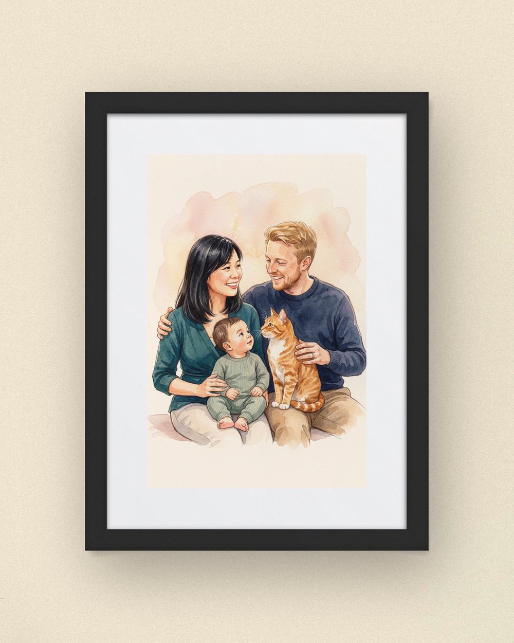 Sample portrait: a mother and father holding their new baby, with the family cat curled in close (synthetic family, not a customer)