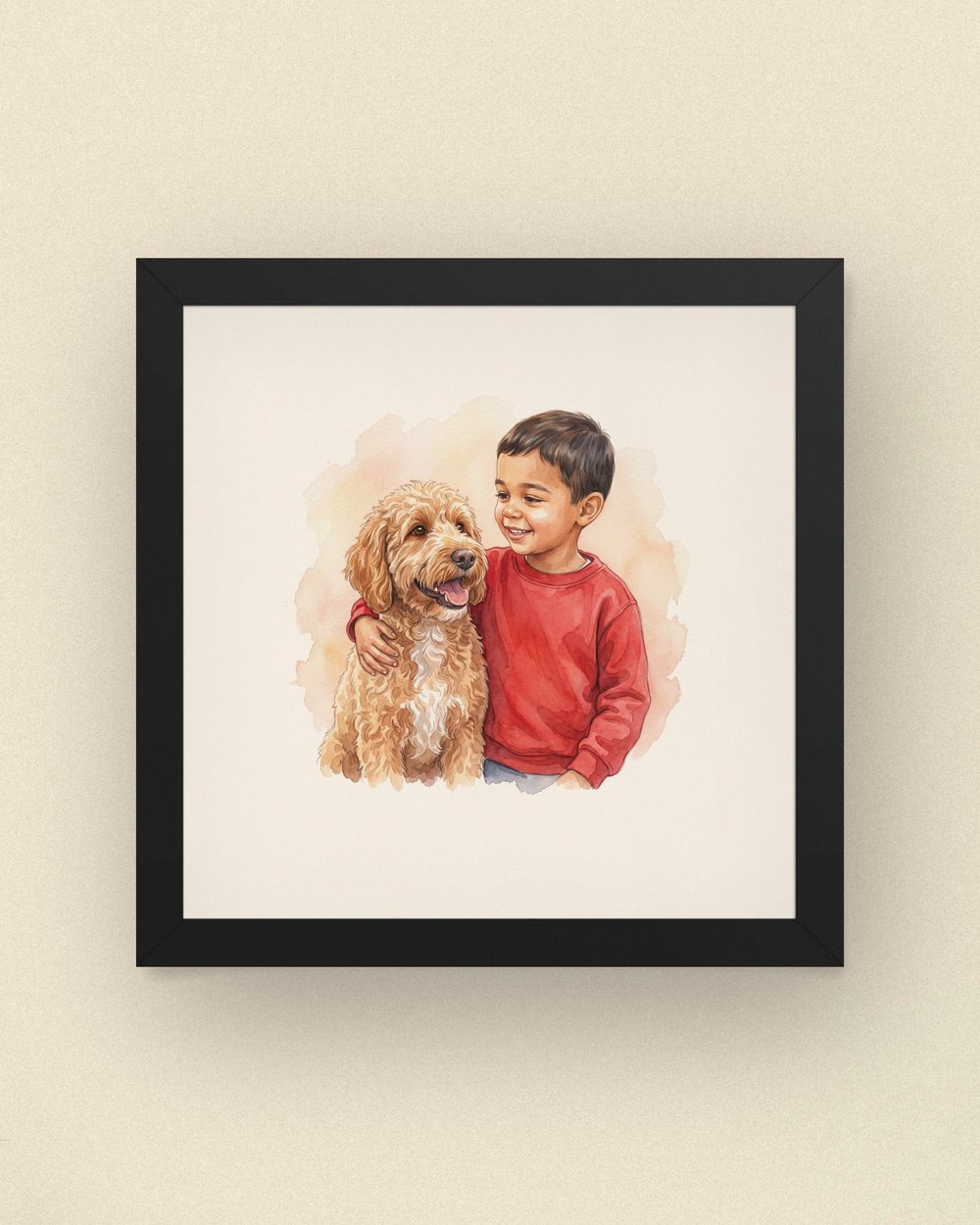 Sample portrait: a little boy with his arm around his doodle (synthetic family, not a customer)