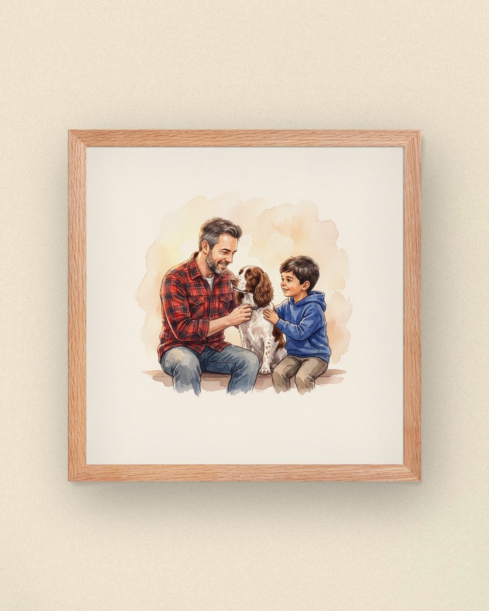 Sample portrait: a father and his son with their spaniel (synthetic family, not a customer)