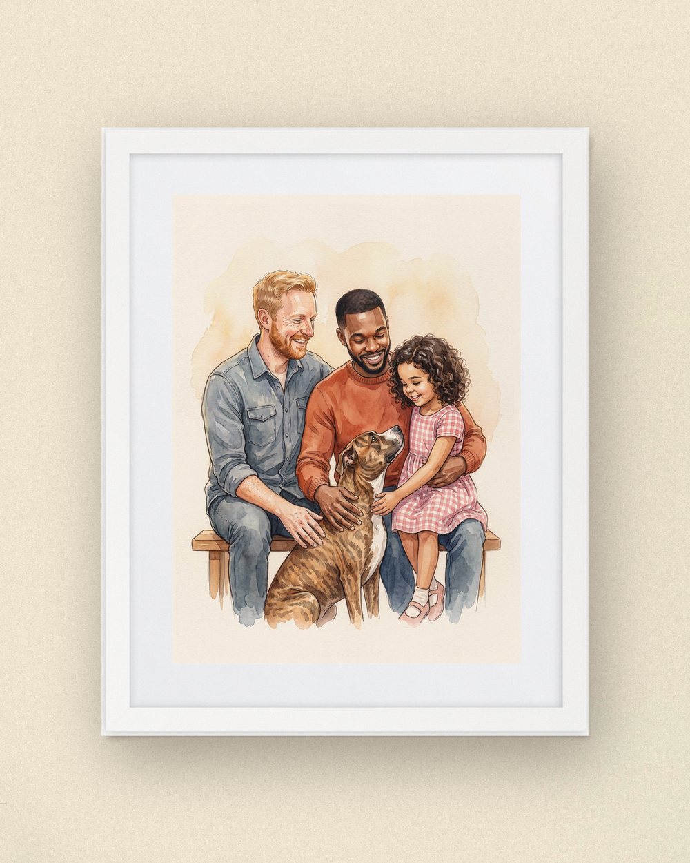 Sample portrait: two dads and their daughter with their brindle dog (synthetic family, not a customer)