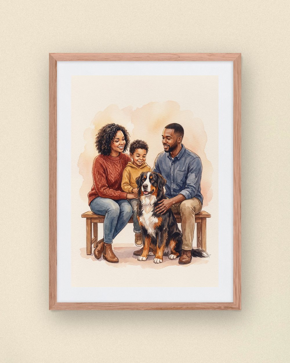 Sample portrait: a mother, a father and their little boy sitting close around their Bernese mountain dog (synthetic family, not a customer)