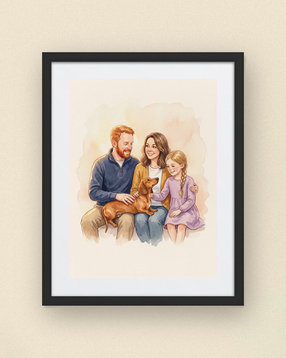 Sample portrait: a mother, a father and their daughter with their dachshund (synthetic family, not a customer)