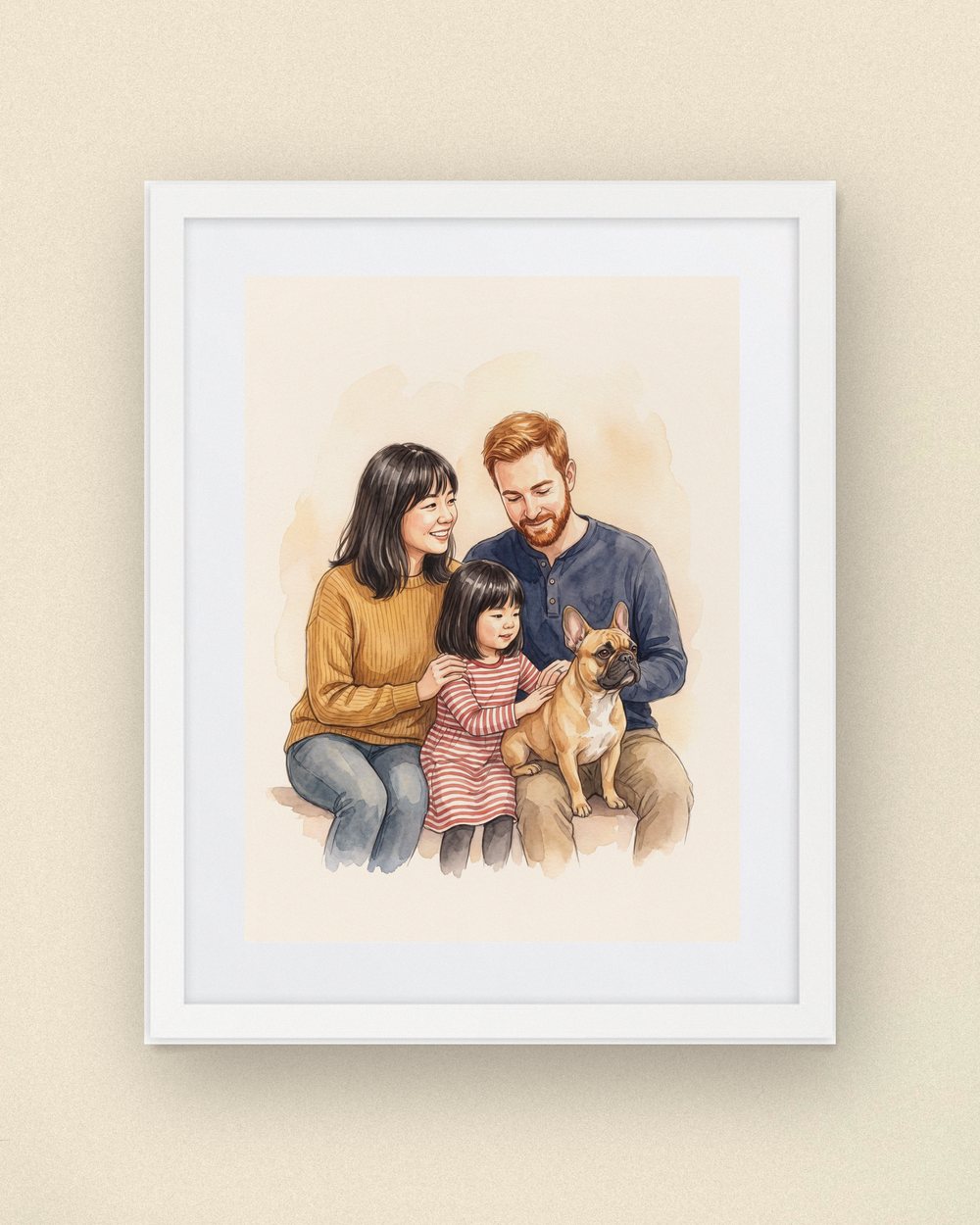 Sample portrait: a mother, a father and their daughter with their French bulldog between them (synthetic family, not a customer)