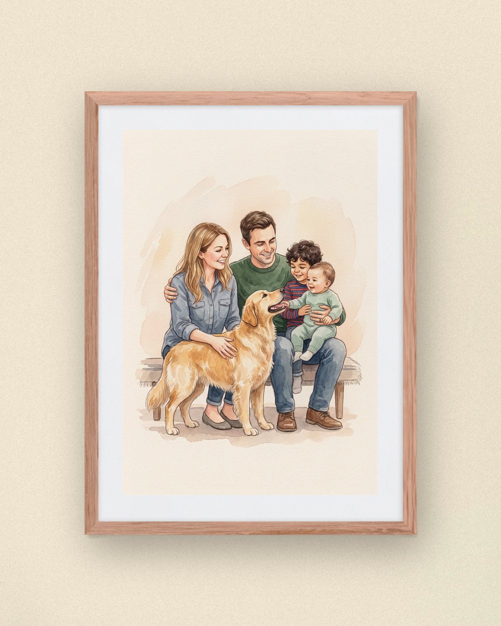 Sample portrait: a family of five, a baby in arms, gathered around their golden retriever (synthetic family, not a customer)