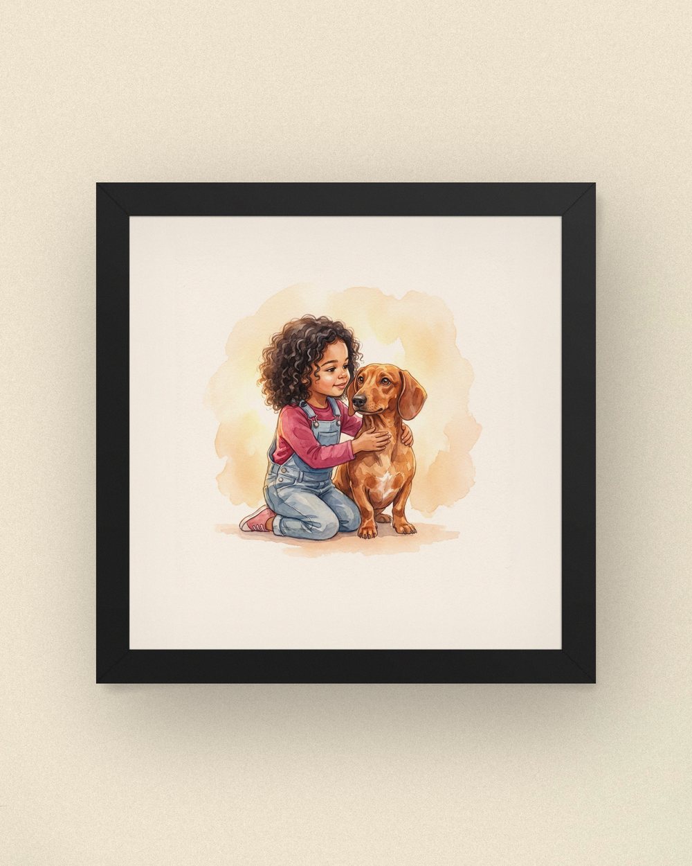Sample portrait: a little girl kneeling beside her dachshund (synthetic family, not a customer)