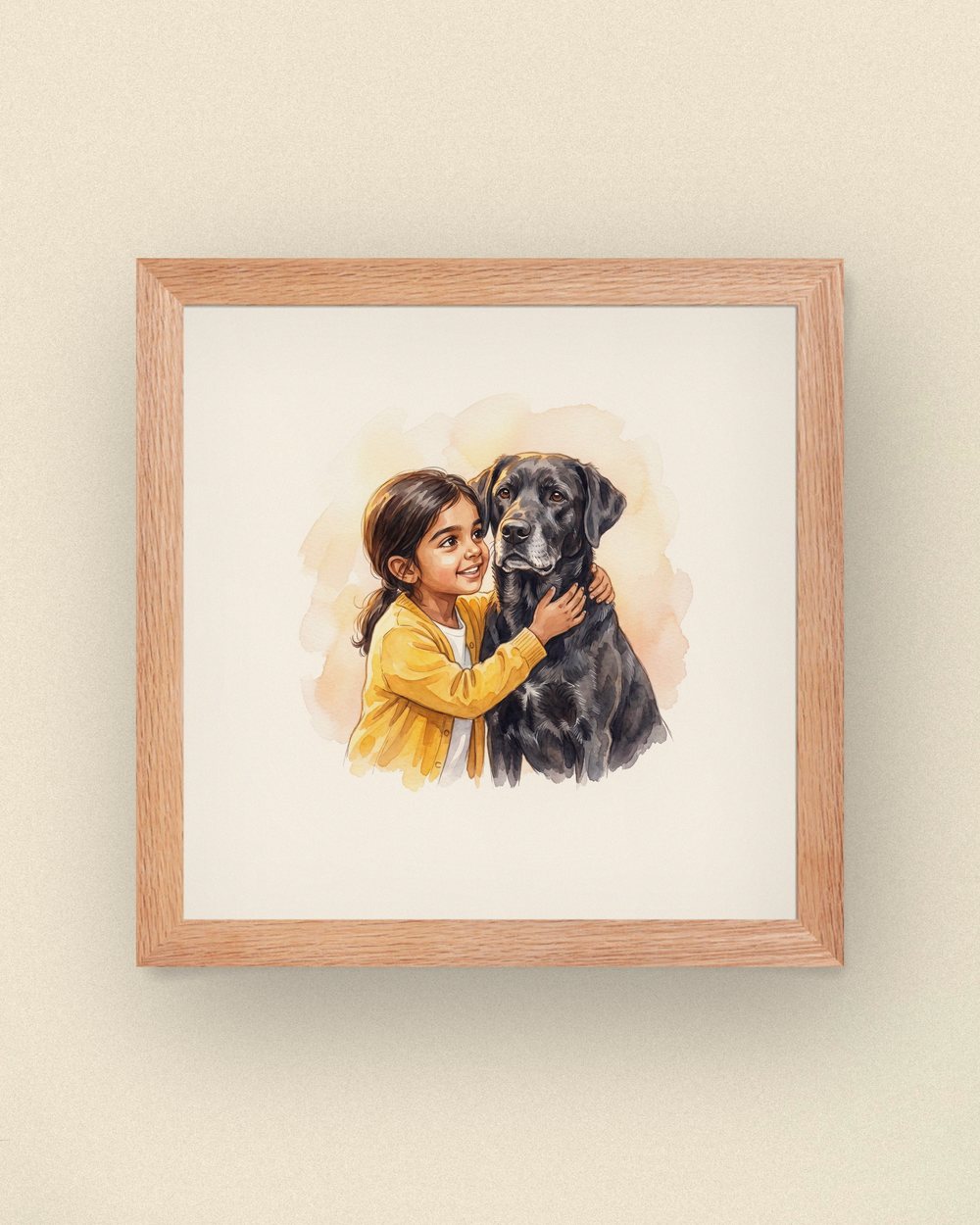 Sample portrait: a girl hugging her black Labrador (synthetic family, not a customer)