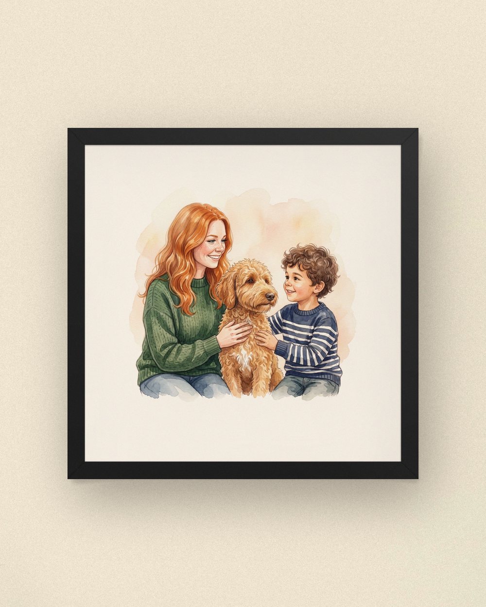Sample portrait: a mother and her son with their doodle (synthetic family, not a customer)