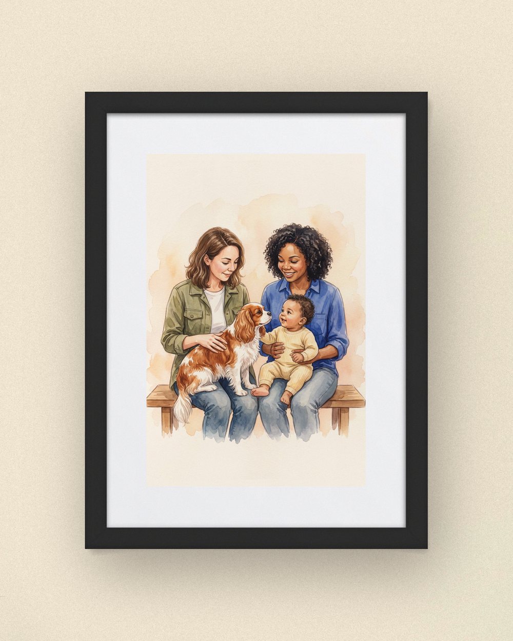 Sample portrait: two moms with their baby and their Cavalier King Charles spaniel (synthetic family, not a customer)