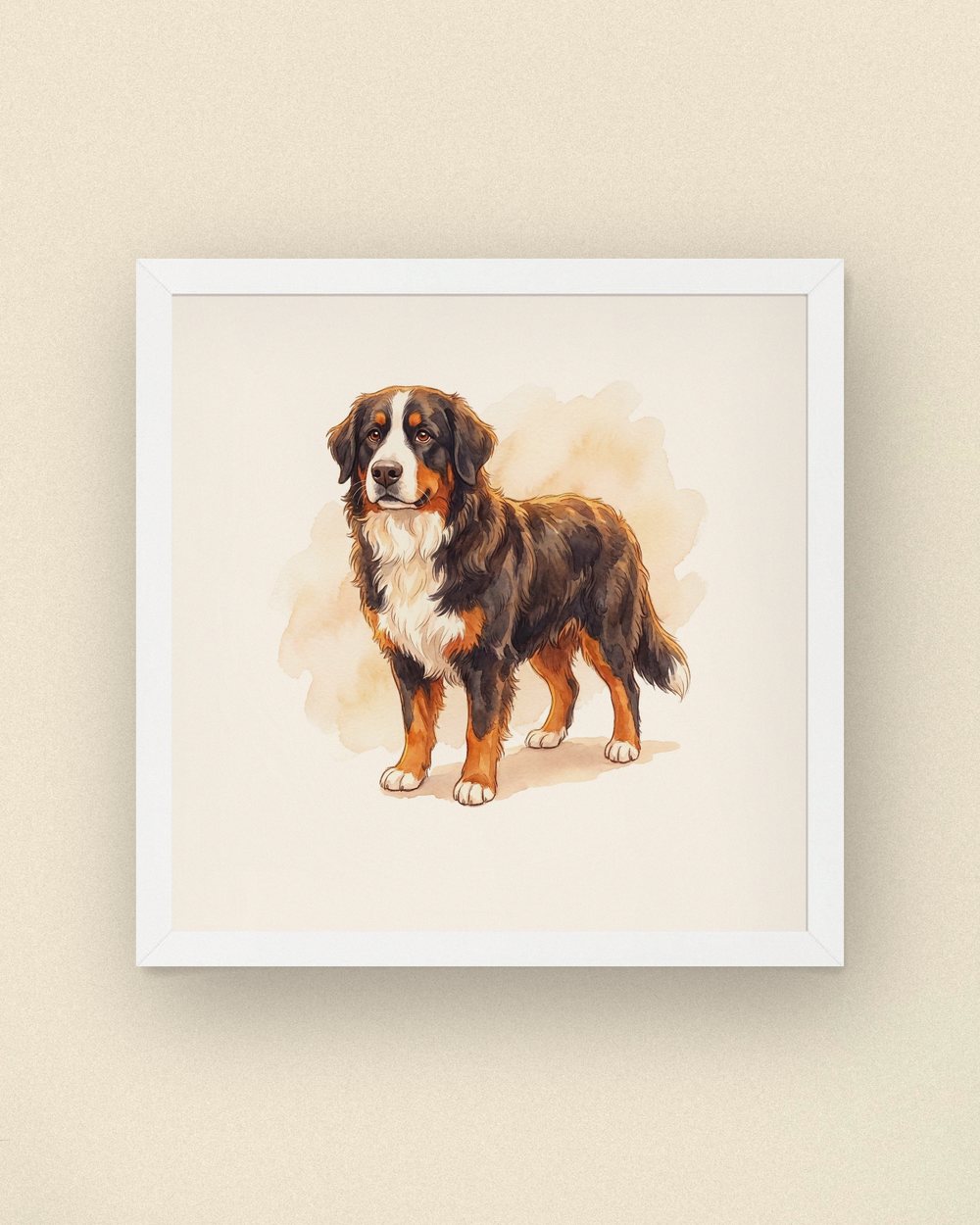 A Bernese mountain dog's portrait in a white square frame, on a plaster wall