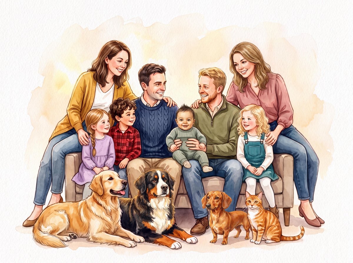 Twelve people and pets in one illustrated family portrait